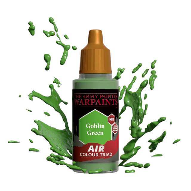 Bottle of Army Painter Airbrush paint goblin Green, showing a splash of paint highlighting the color. 