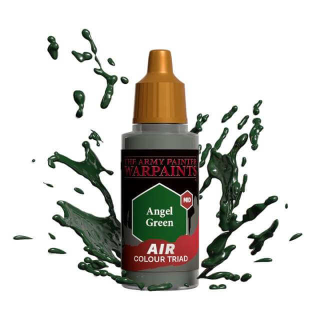Bottle of Army Painter Airbrush paint Angel Green, showing a splash of paint highlighting the color. 