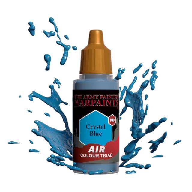 Bottle of Army Painter Airbrush paint Crystal Blue, showing a splash of paint highlighting the color. 