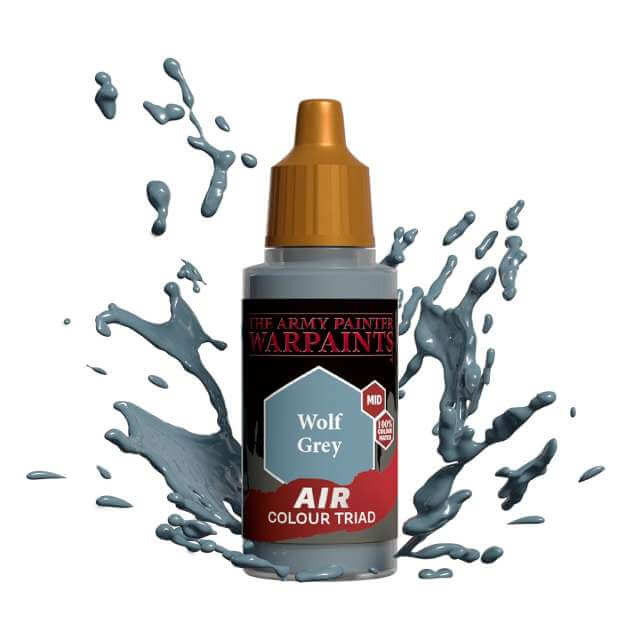 Bottle of Army Painter Airbrush paint Wolf Grey, showing a splash of paint highlighting the color. 