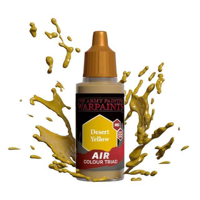 Bottle of Army Painter Airbrush paint Desert Yellow, showing a splash of paint highlighting the color. 