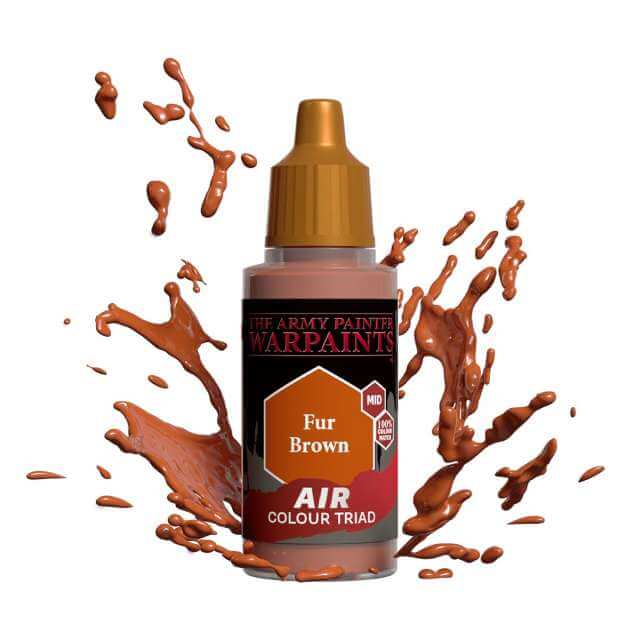 Bottle of Army Painter Airbrush paint Fur Brown, showing a splash of paint highlighting the color. 