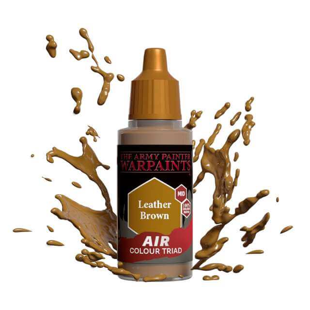 Bottle of Army Painter Airbrush paint Leather Brown, showing a splash of paint highlighting the color. 