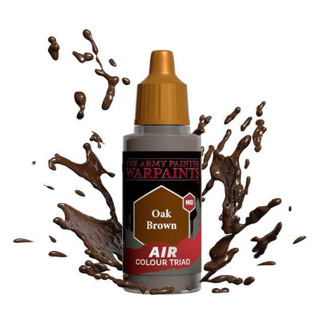 Bottle of Army Painter Airbrush paint Oak Brown, showing a splash of paint highlighting the color. 