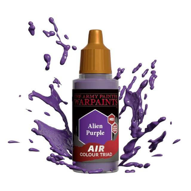 Bottle of Army Painter Airbrush paint Alien Purple, showing a splash of paint highlighting the color. 