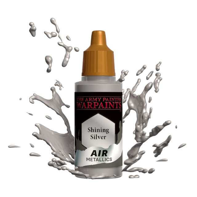 Bottle of Army Painter Airbrush paint Shining Silver, showing a splash of paint highlighting the color. 