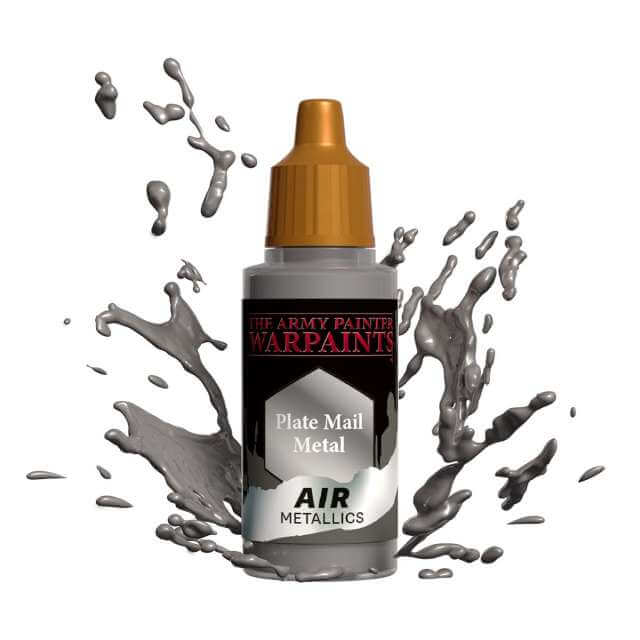 Bottle of Army Painter Airbrush paint Plate Mail Metal, showing a splash of paint highlighting the color. 