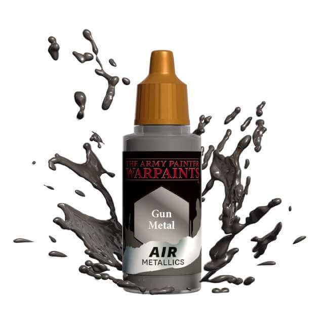 Bottle of Army Painter Airbrush paint Gun Metal, showing a splash of paint highlighting the color. 