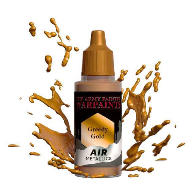 Bottle of Army Painter Airbrush paint Greedy Gold, showing a splash of paint highlighting the color. 