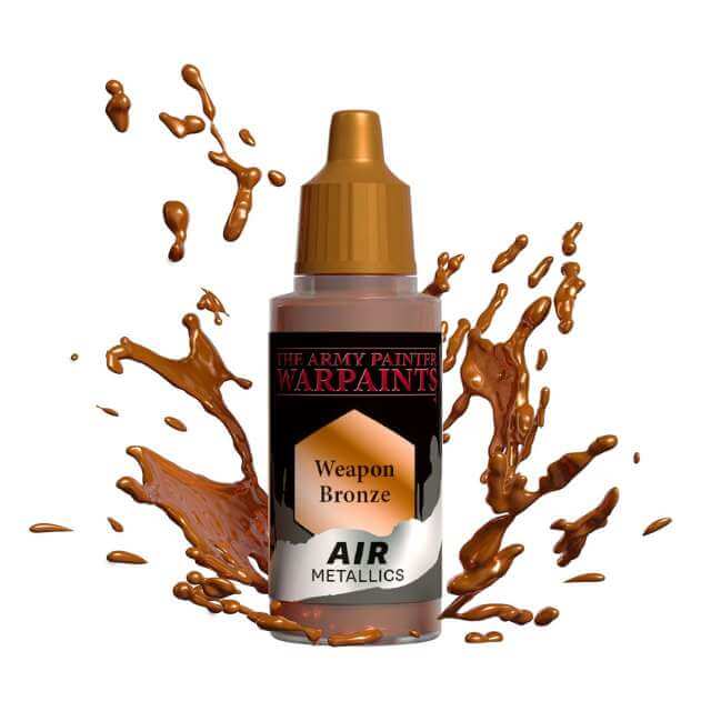 Bottle of Army Painter Airbrush paint Weapon Bronze, showing a splash of paint highlighting the color. 