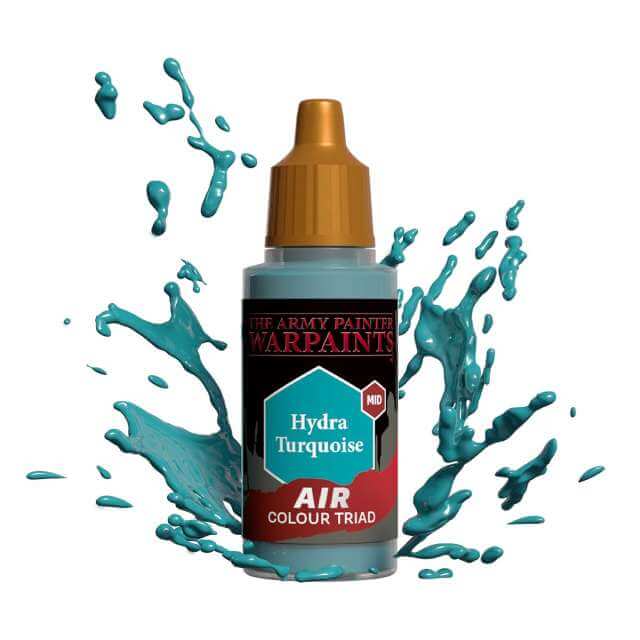 Bottle of Army Painter Airbrush paint Hydra Turquiose, showing a splash of paint highlighting the color. 