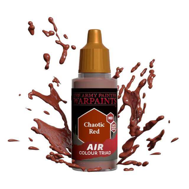 Bottle of Army Painter Airbrush paint Chaotic Red, showing a splash of paint highlighting the color. 