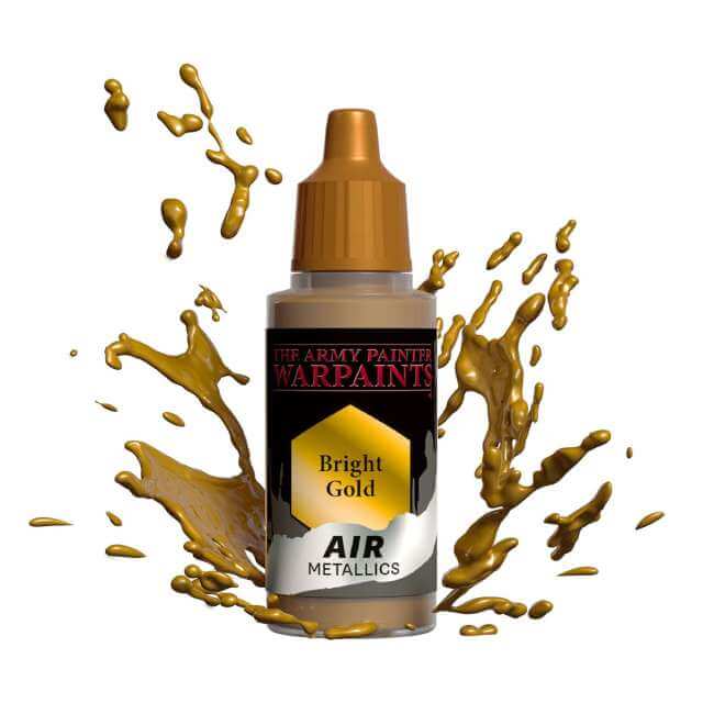 Bottle of Army Painter Airbrush paint Bright Gold, showing a splash of paint highlighting the color. 