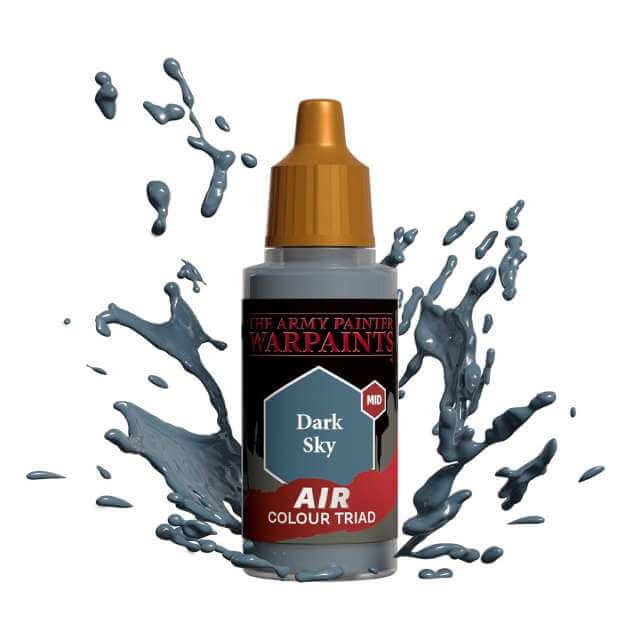 Bottle of Army Painter Airbrush paint Dark Sky, showing a splash of paint highlighting the color. 