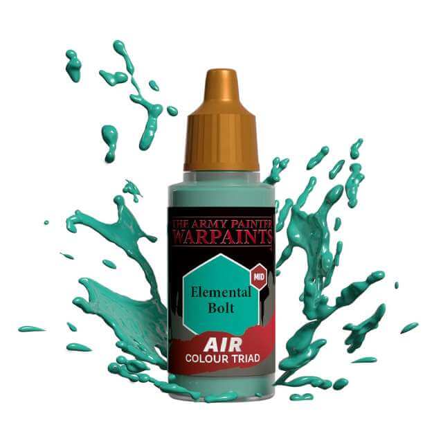 Bottle of Army Painter Airbrush paint Elemental Bolt, showing a splash of paint highlighting the color. 