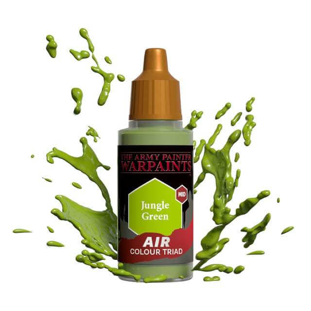 Bottle of Army Painter Airbrush paint Jungle Green, showing a splash of paint highlighting the color. 