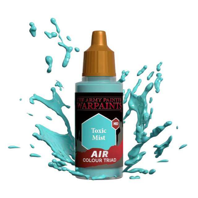 Bottle of Army Painter Airbrush paint Toxic Mist, showing a splash of paint highlighting the color. 