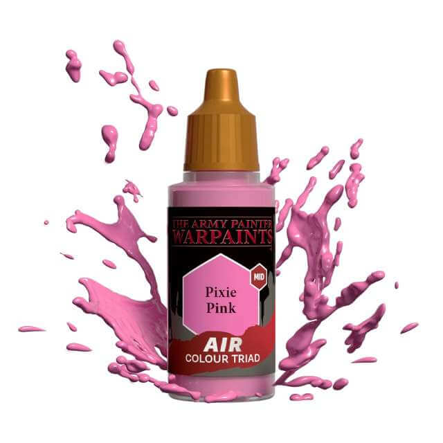 Bottle of Army Painter Airbrush paint Pixie Pink, showing a splash of paint highlighting the color. 