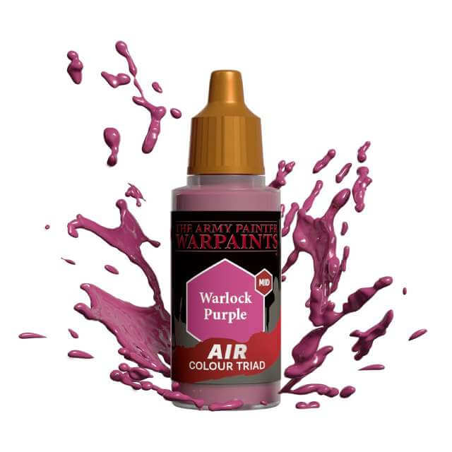 Bottle of Army Painter Airbrush paint Warlock Purple, showing a splash of paint highlighting the color. 