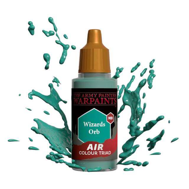 Bottle of Army Painter Airbrush paint Wizard Orb, showing a splash of paint highlighting the color. 