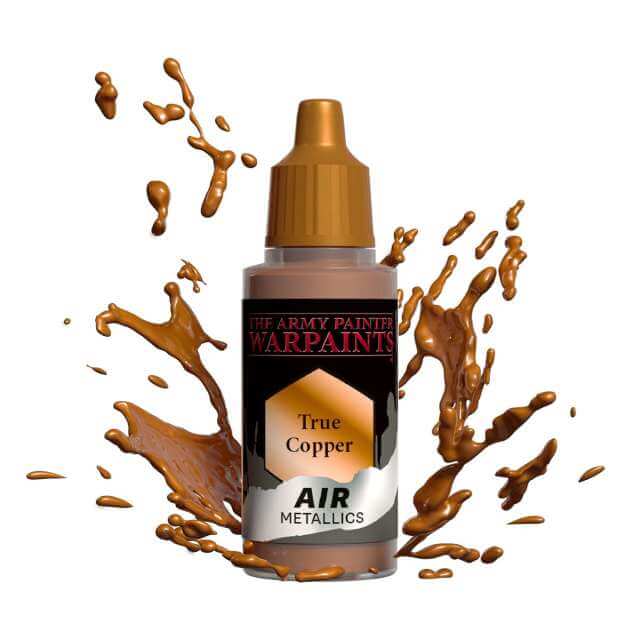 Bottle of Army Painter Airbrush paint True Copper, showing a splash of paint highlighting the color. 