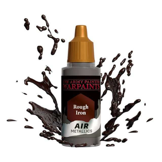 Bottle of Army Painter Airbrush paint Rough Iron, showing a splash of paint highlighting the color. 