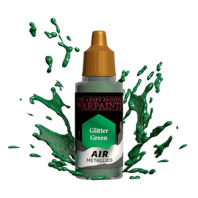 Bottle of Army Painter Airbrush paint Glitter Green, showing a splash of paint highlighting the color. 