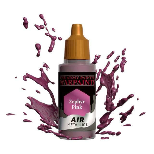 Bottle of Army Painter Airbrush paint Zephyr Pink, showing a splash of paint highlighting the color. 