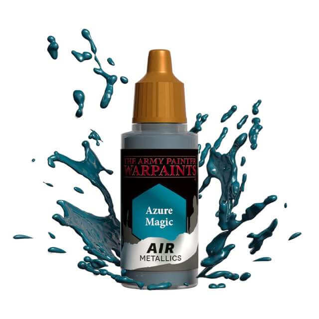 Bottle of Army Painter Airbrush paint Azure Magic, showing a splash of paint highlighting the color. 