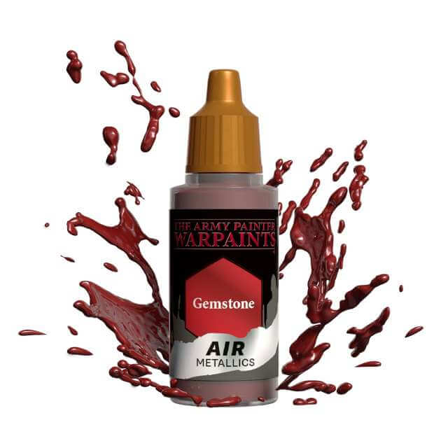 Bottle of Army Painter Airbrush paint Gemstone, showing a splash of paint highlighting the color. 