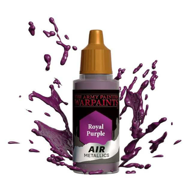Bottle of Army Painter Airbrush paint Royal Purple, showing a splash of paint highlighting the color. 
