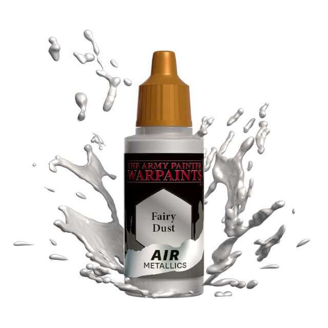 Bottle of Army Painter Airbrush paint Fairy Dust, showing a splash of paint highlighting the color. 