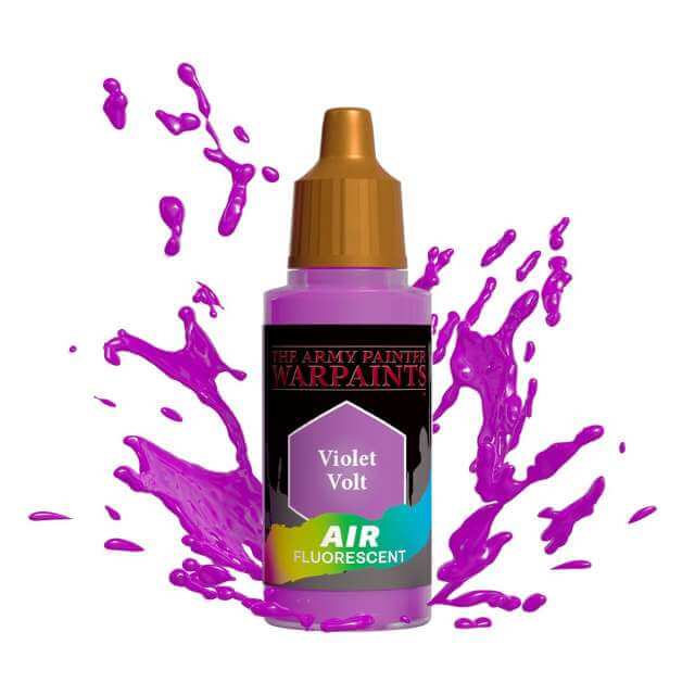 Bottle of Army Painter Airbrush paint Violet Volt, showing a splash of paint highlighting the color. 
