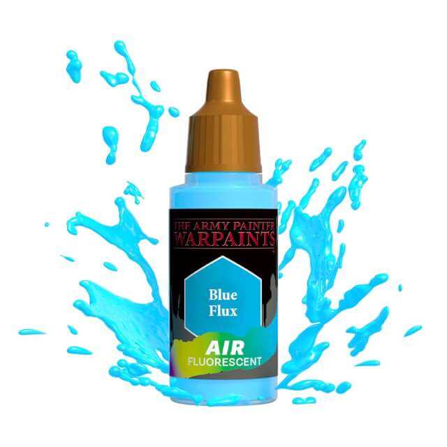 Bottle of Army Painter Airbrush paint Blue Flux, showing a splash of paint highlighting the color. 