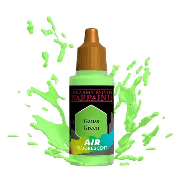 Bottle of Army Painter Airbrush paint Gauss Green, showing a splash of paint highlighting the color. 