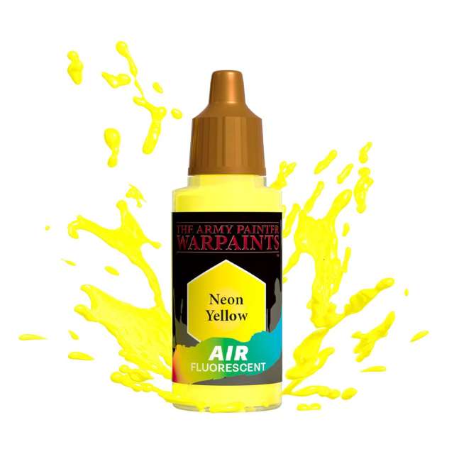 Bottle of Army Painter Airbrush paint Neon Yellow, showing a splash of paint highlighting the color. 