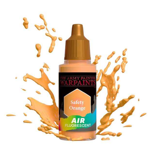 Bottle of Army Painter Airbrush paint Safety Orange, showing a splash of paint highlighting the color. 