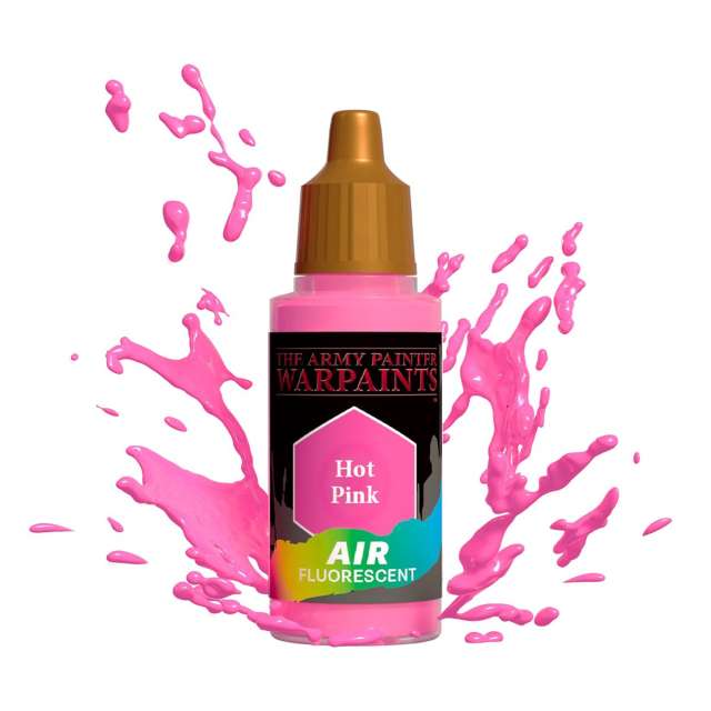 Bottle of Army Painter Airbrush paint Hot Pink, showing a splash of paint highlighting the color. 