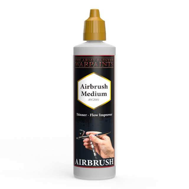 A bottle of The Army Painter Warpaint Airbrush Medium, designed for use with airbrushes to thinner and improve flow of acrylic paints.