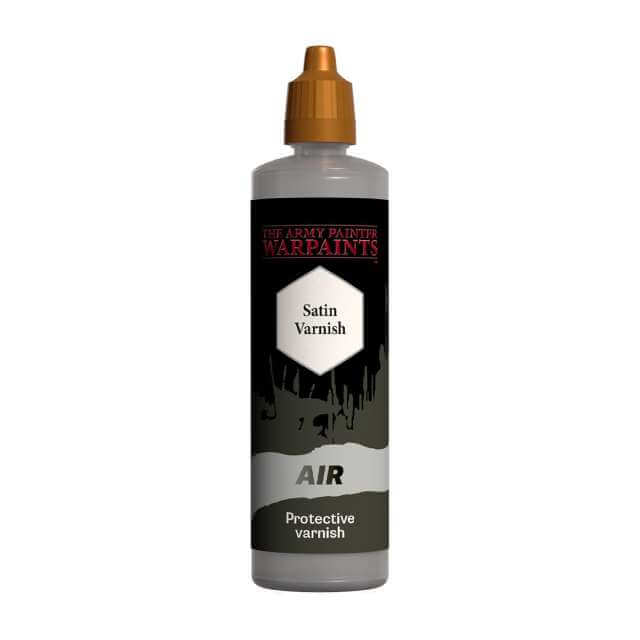 A 100ml bottle of The Army Painter Airbrush Varnish in Satin finish for miniatures.