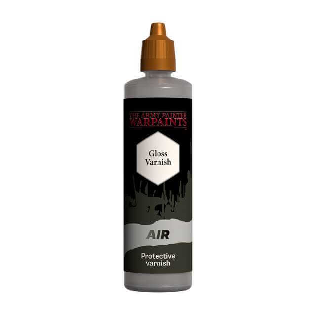 A 100ml bottle of The Army Painter Airbrush Varnish in gloss finish, designed for use with miniatures to protect them from chipping and wear.