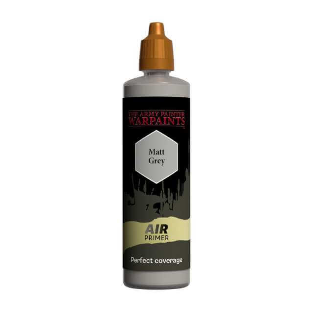 A 100ml dropper bottle of The Army Painter Warpaints Air Primer in Matte Grey, designed for airbrush application on miniatures.