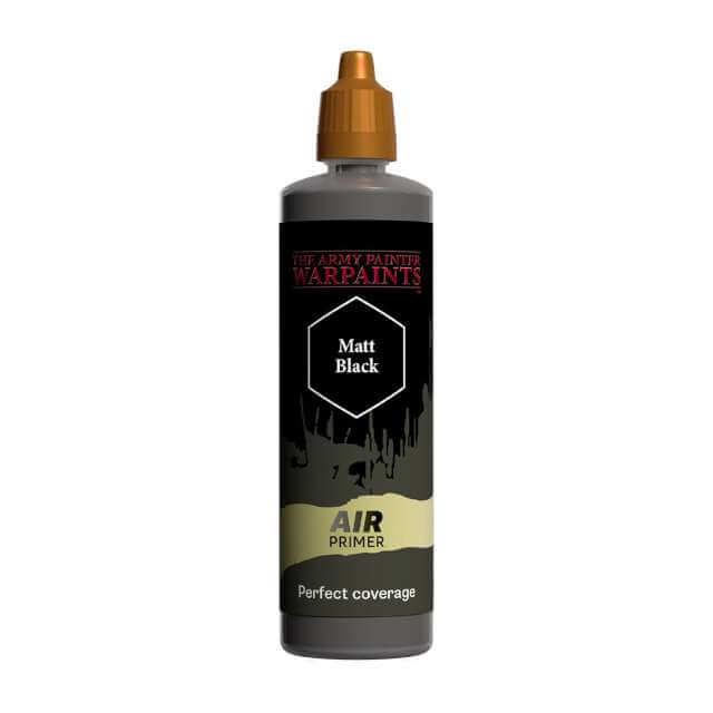 A 100ml dropper bottle of The Army Painter Warpaints Air Primer in Matt Black color, designed for airbrush use.