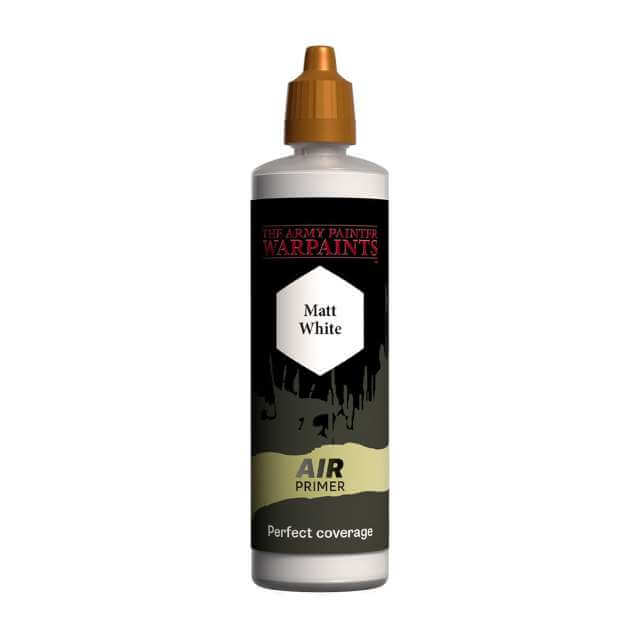 A 100ml dropper bottle of The Army Painter Warpaints Air Primer in Matt White color, designed for airbrush application on miniatures.