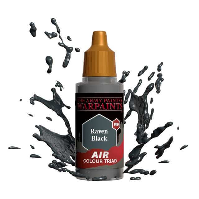 Bottle of Army Painter Airbrush paint Raven Black, showing a splash of paint highlighting the color. 