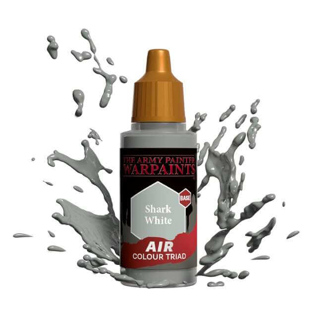 Bottle of Army Painter Airbrush paint Shark White, showing a splash of paint highlighting the color. 