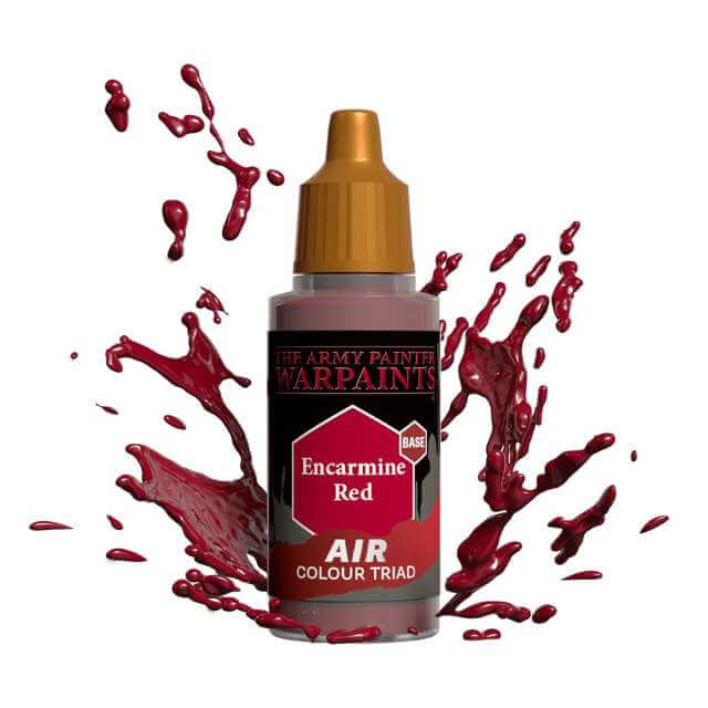 Bottle of Army Painter Airbrush paint Encarmine Red, showing a splash of paint highlighting the color. 