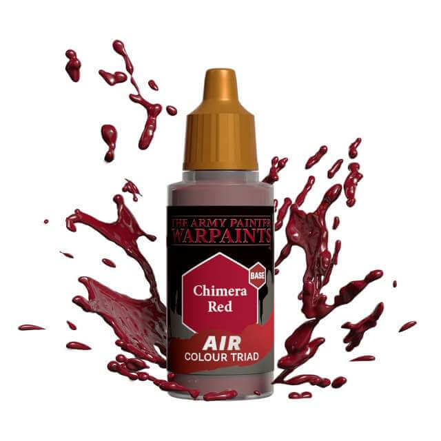 Bottle of Army Painter Airbrush paint Chimera Red, showing a splash of paint highlighting the color. 