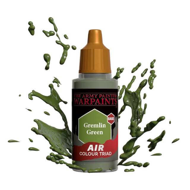 Bottle of Army Painter Airbrush paint Gremlin Green, showing a splash of paint highlighting the color. 