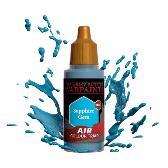 Bottle of Army Painter Airbrush paint Sapphire Gem, showing a splash of paint highlighting the color. 